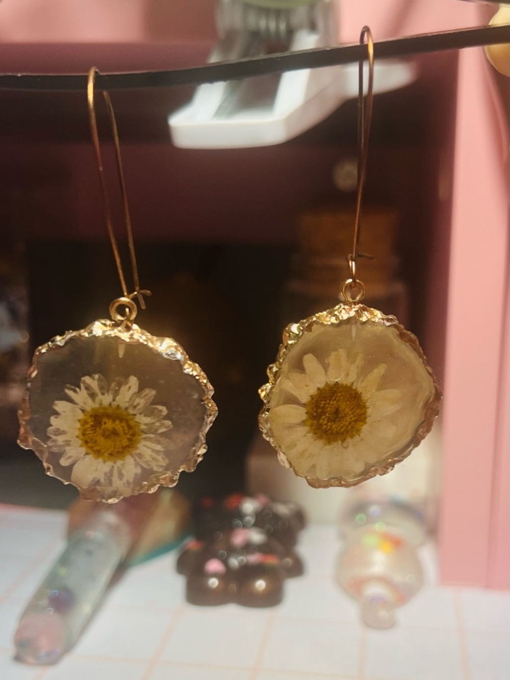 Gold Daisy Resin Drop Earrings - Floral Dangle Earrings